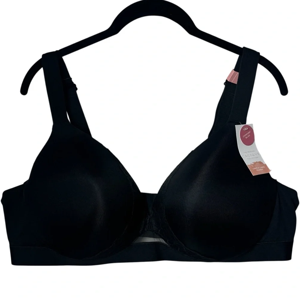 NEW Cacique Black Sheer Comfort Bliss Lightly Lined Plunge Bra Romantic 46D‎